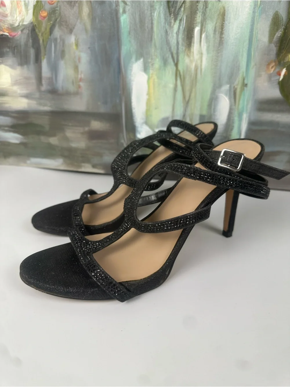 Mix No. 6 Black Glitter Strappy Stiletto Heels